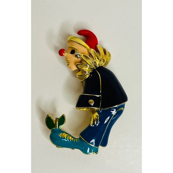 VINTAGE Enamel Clown Jester Brooch Pin Red Nose Gold Tone Funny Unique - Picture 4 of 8